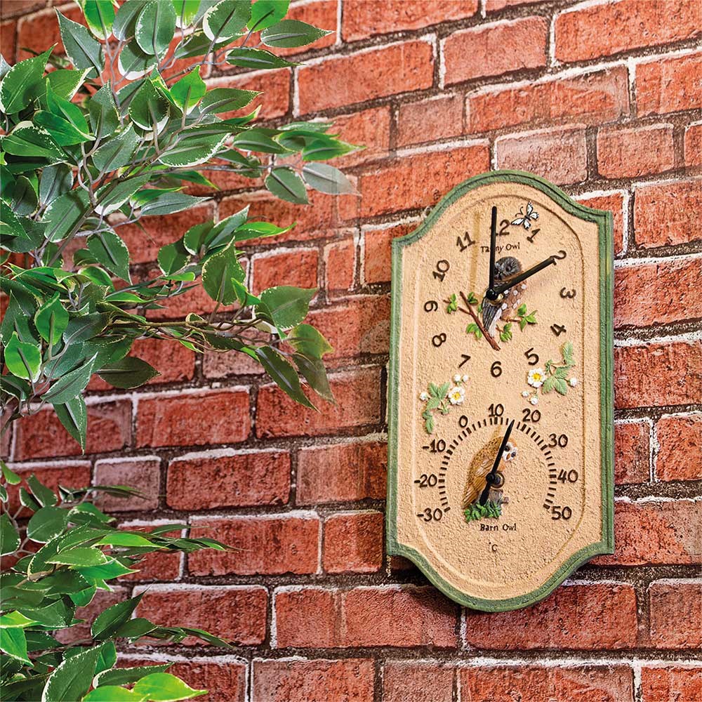 Owl Outdoor Wall Clock & Thermometer