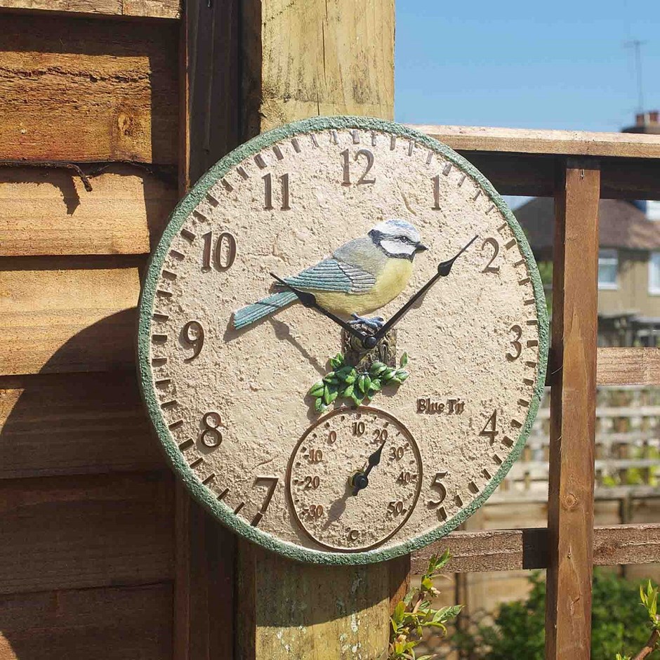 Blue Tit 12\ Outdoor Wall Clock and Thermometer