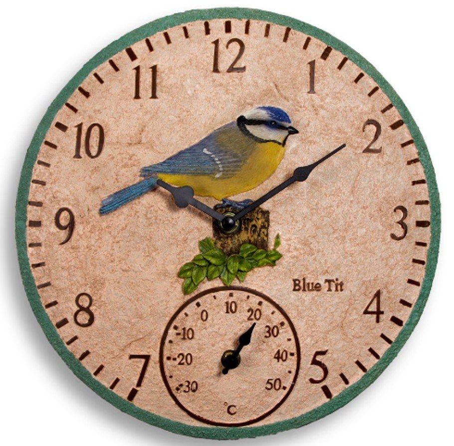 Blue Tit 12\ Outdoor Wall Clock and Thermometer