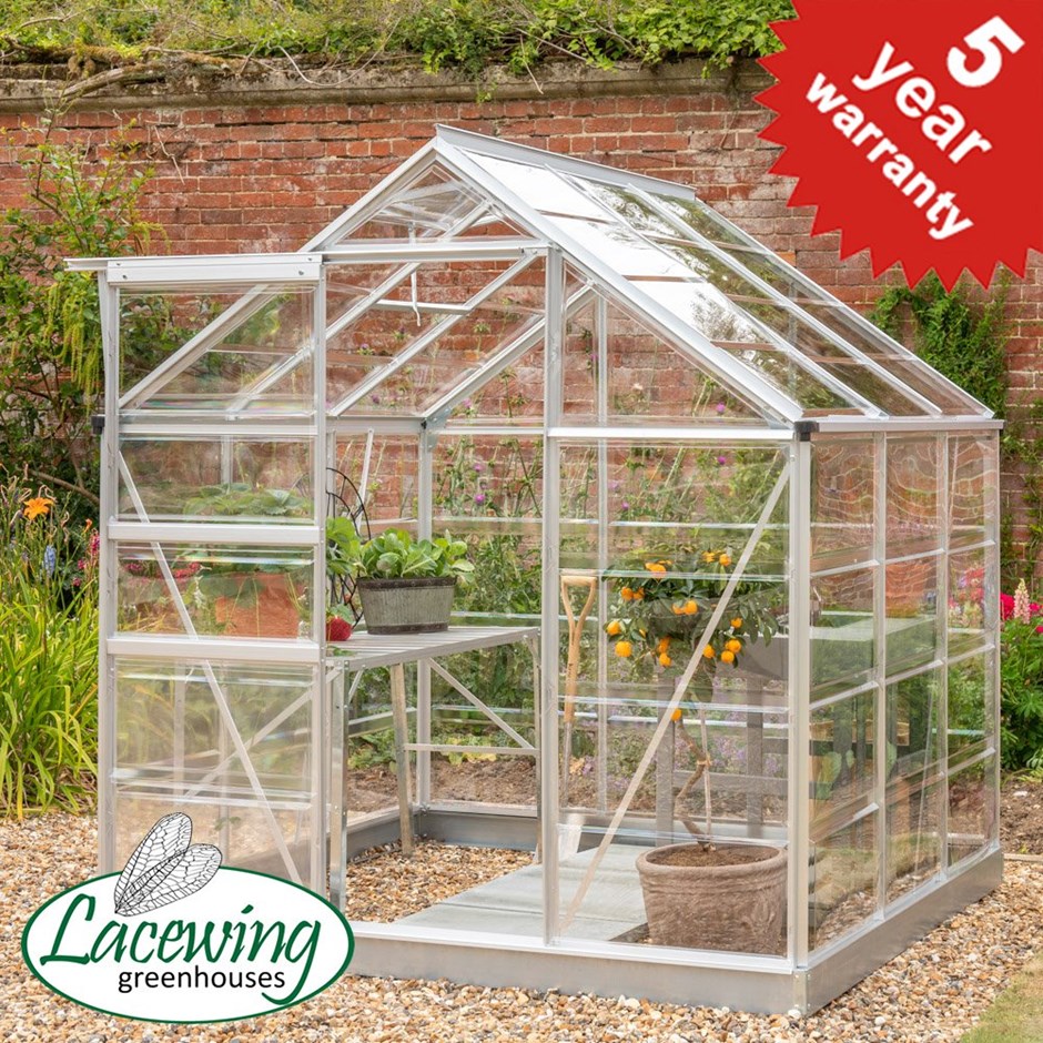Lacewing™ 6Ft x6Ft Crystal Clear Polycarbonate Greenhouse in Silver with Base