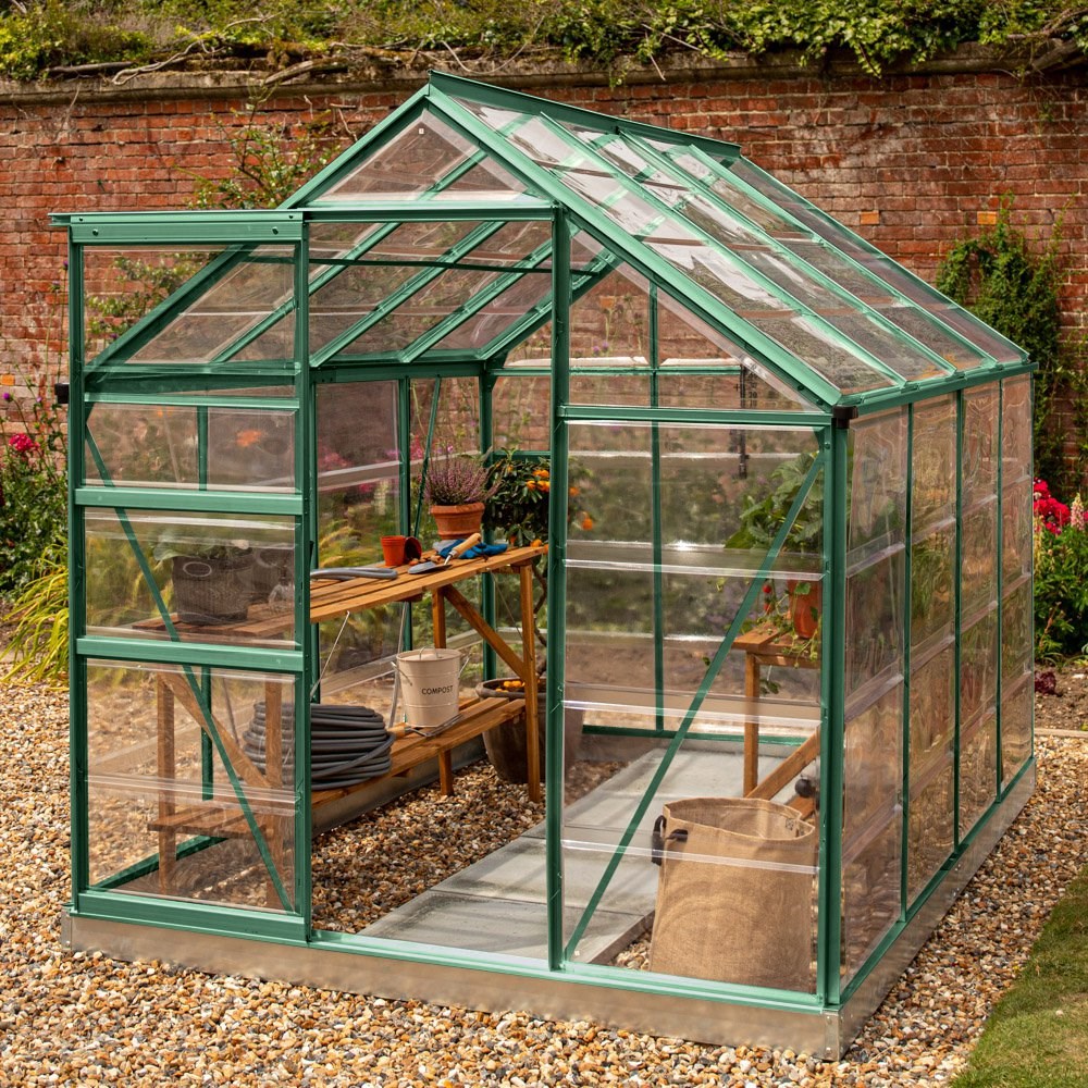 Lacewing™ 6Ft x 8Ft Crystal Clear Polycarbonate Greenhouse in Green with Base