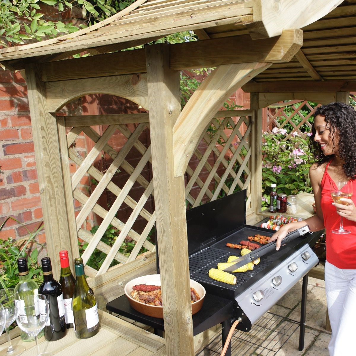 Wooden 2-Seater Arbour/BBQ Shelter with Fold-out Trays by Rowlinson® - 2.4m