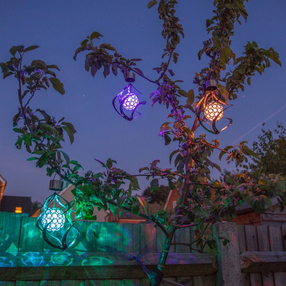 Set of 3 Hanging Solar Wind Spinner Colour Changing Lights by Solaray