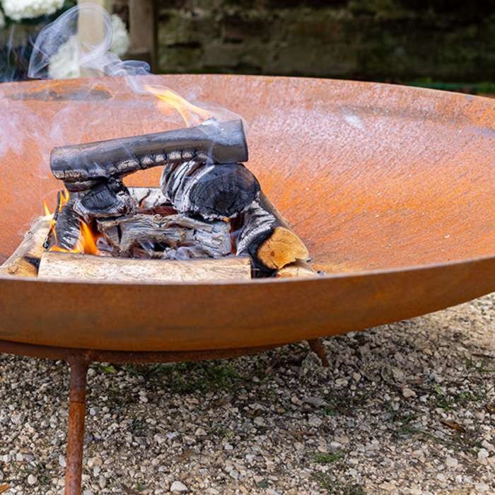 80cm Corten Steel Fire Pit & Water Bowl - Medium