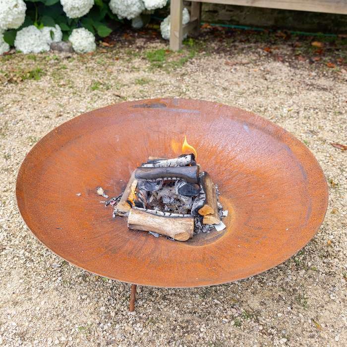 80cm Corten Steel Fire Pit & Water Bowl - Medium