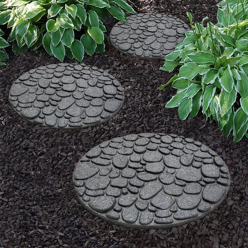 Pack of 3 - Dia 46cm Rubber River Rock Stepping Stone Grey