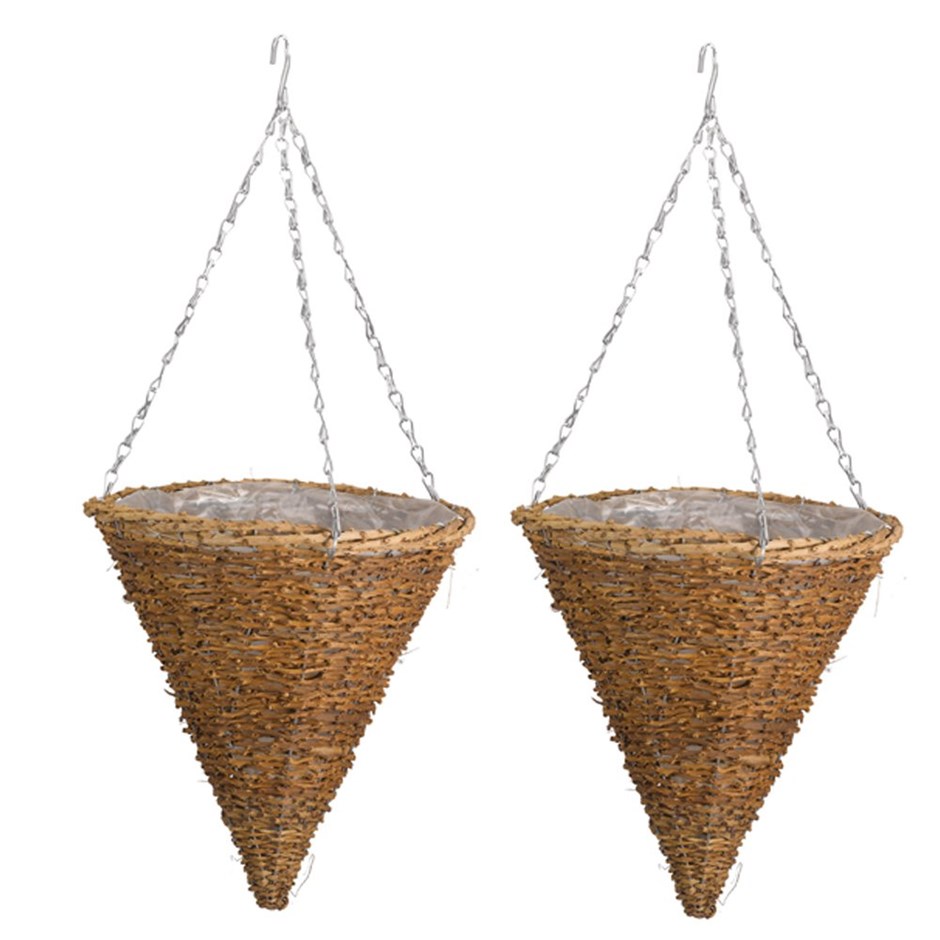 Set of Two 30cm Country Rattan Hanging Cone Planters by Smart Garden