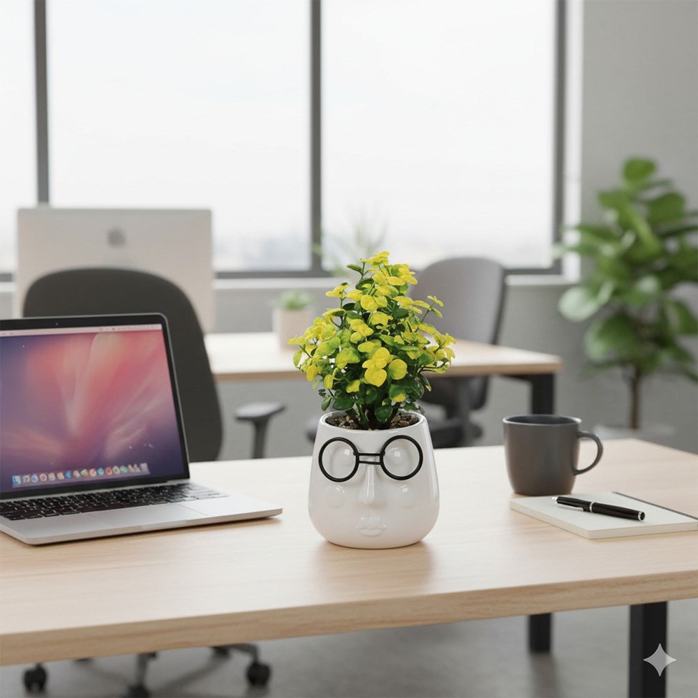 Artificial Plant in White Pot Black Glasses | 17cm