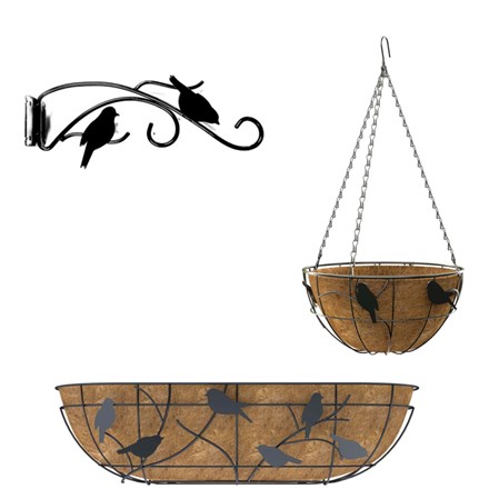 Complete Perching Birds Planter Set - Window Box, Hanging Basket and Bracket in Black