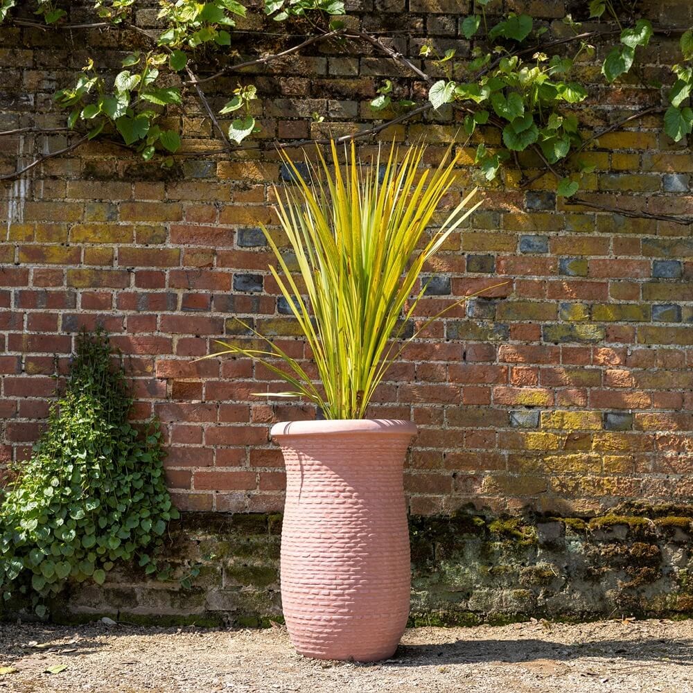 Primrose Rib Textured Fibrecotta Tall Round Planter In Dusty Pink