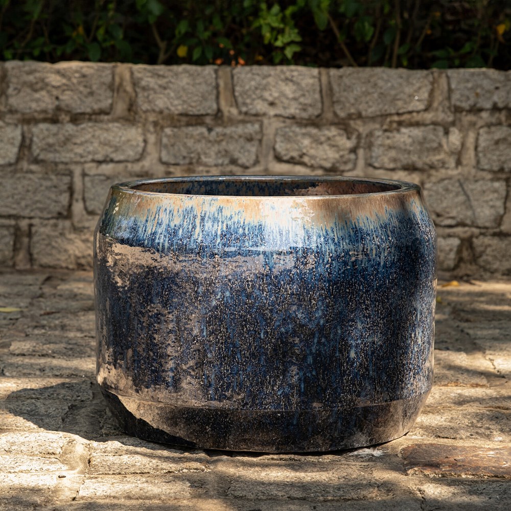 L27Cm Stoneware Round Planter In Blue By Primrose