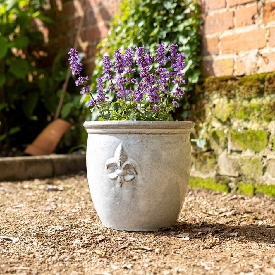 Cream Stoneware Fleur-De-Lis Round Planter