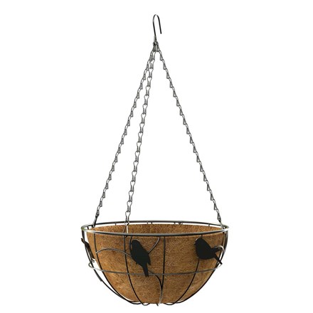 Black 36cm Perching Birds Hanging Basket with Coco Liner