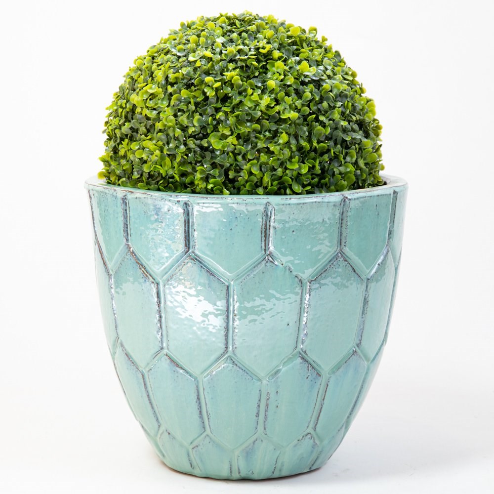 40cm Tile Effect Glazed Blue Ceramic Bowl Planter - Small