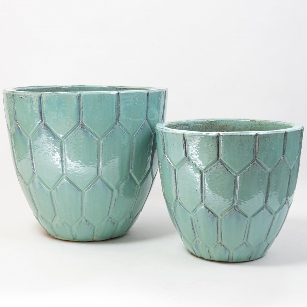 40cm Tile Effect Glazed Blue Ceramic Bowl Planter - Small