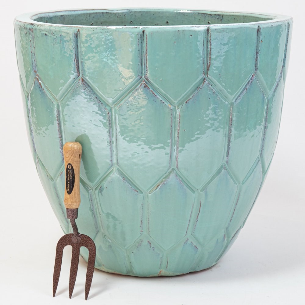 50cm Tile Effect Glazed Blue Ceramic Bowl Planter - Large