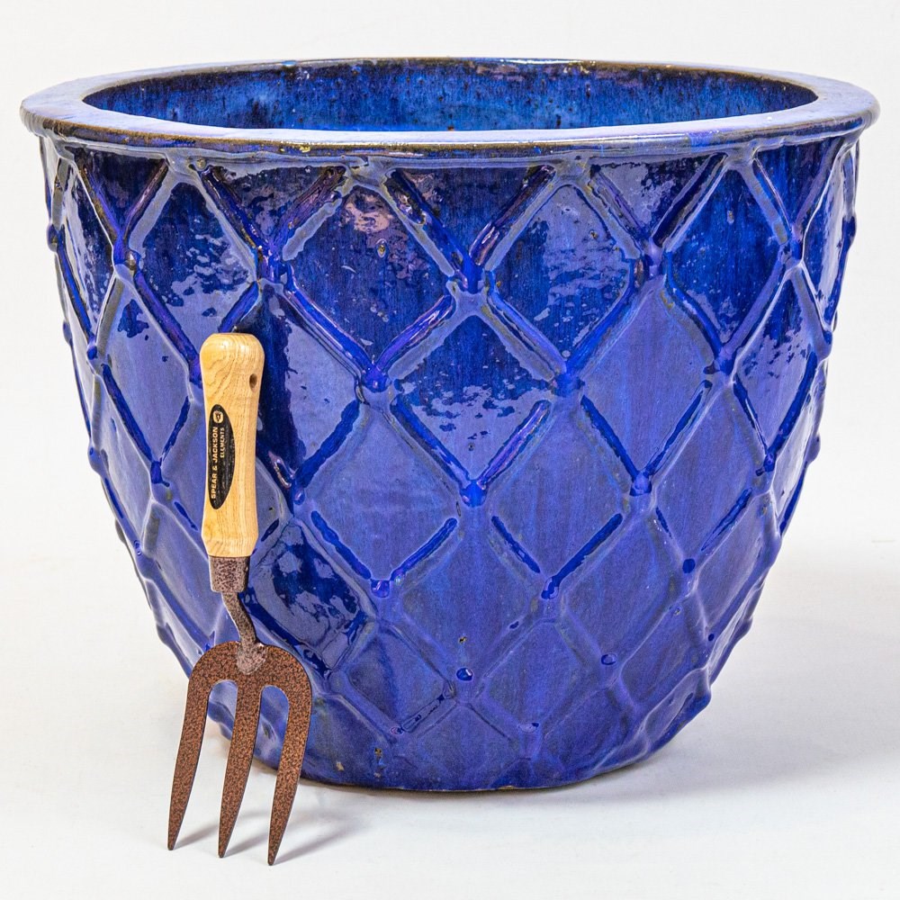 40cm Estella Glazed Dark Blue Ceramic Round Planter - Large