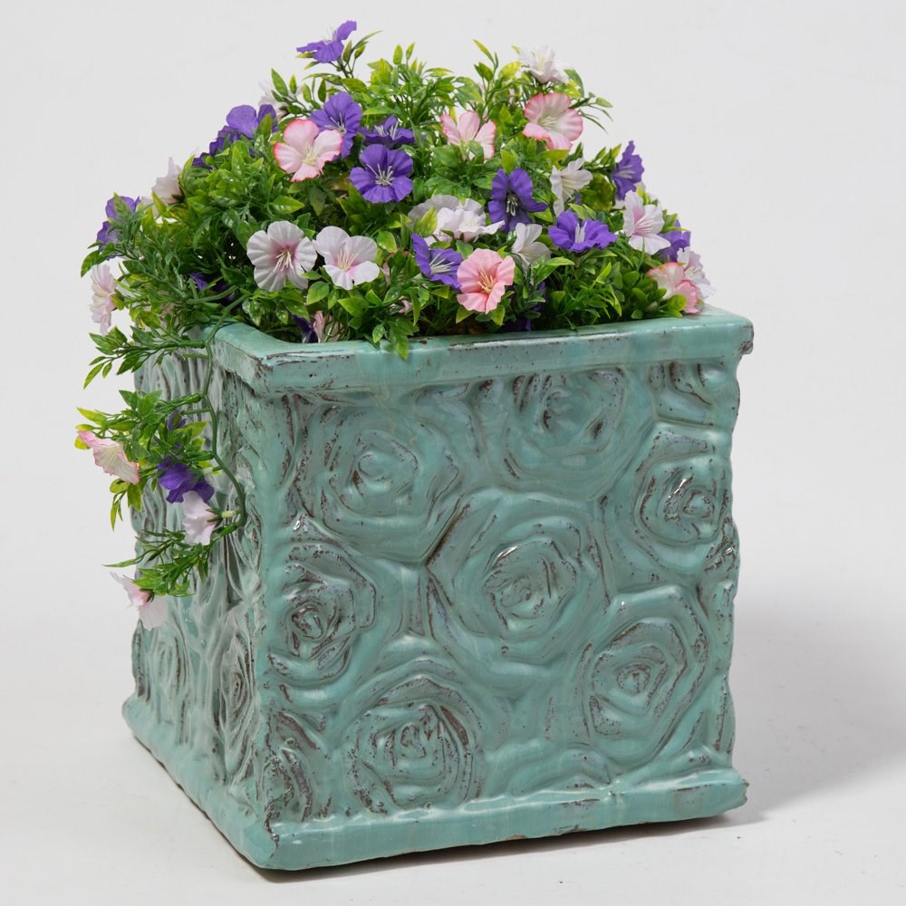 30cm Glazed Blue Ceramic Rose Patterned Cube Planter - Small