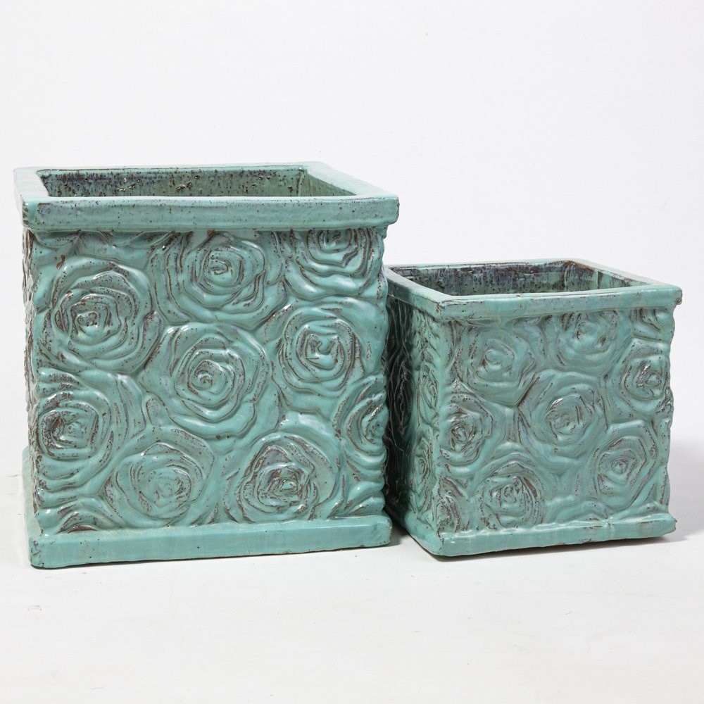 30cm Glazed Blue Ceramic Rose Patterned Cube Planter - Small