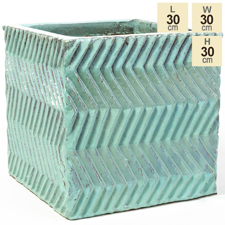 30cm Glazed Blue Ceramic Zig Zag Pattern Cube Planter - Small