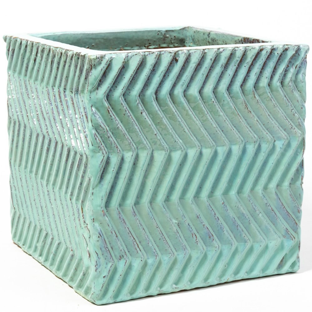 30cm Glazed Blue Ceramic Zig Zag Pattern Cube Planter - Small