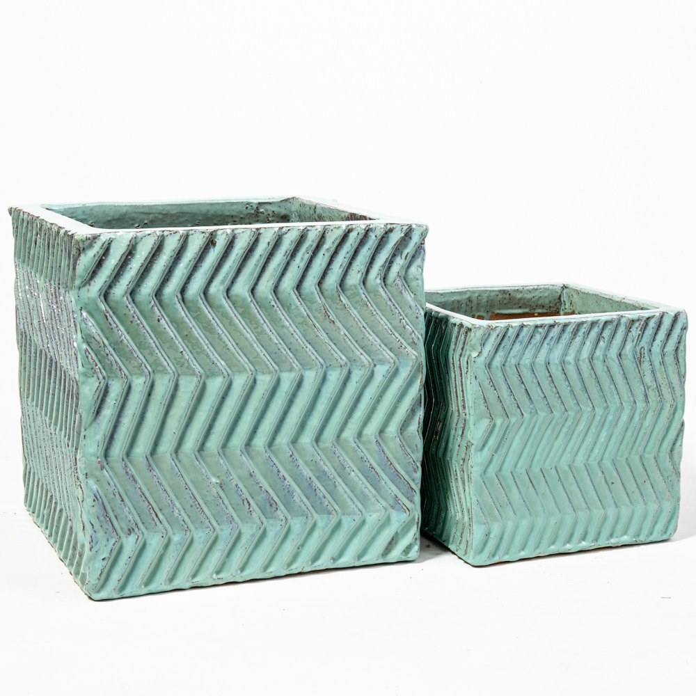 42cm Glazed Blue Ceramic Zig Zag Pattern Cube Planter - Large