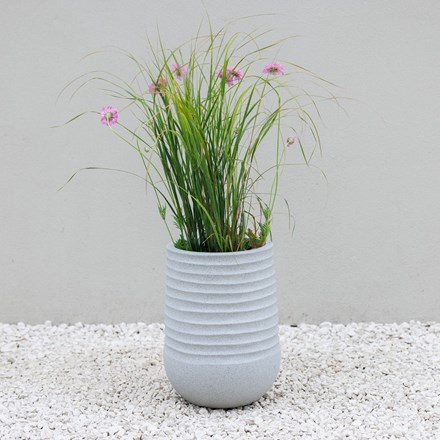 Ribbed Stone Effect Tall Round Beige Planter