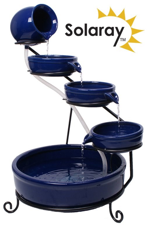Blue Ceramic Hybrid Solar Cascade Water Feature With LED Lights
