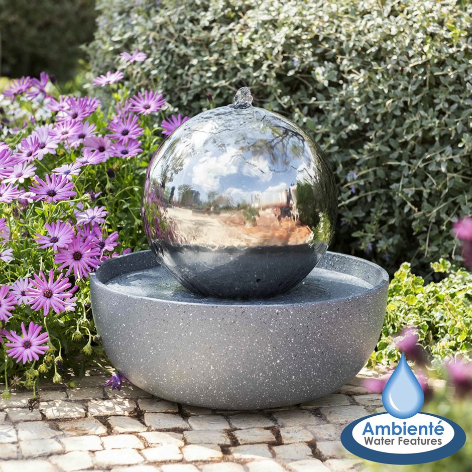 Eclipse Sphere Stainless Steel Water Feature w/ Lights | Ambienté