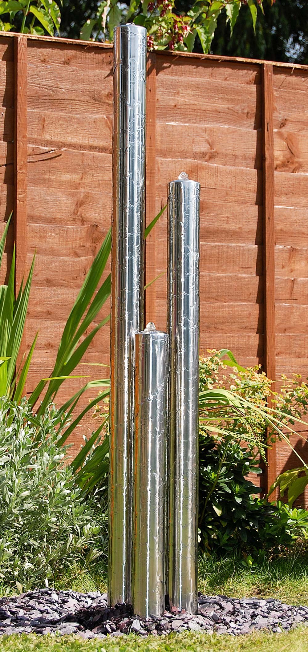 Polished Stainless Steel Tiered Tubes Water Feature With LED Lights
