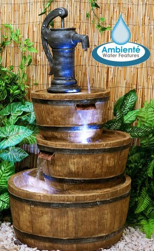London 3-Tier Antique Barrel & Pump Water Feature With LED Lights