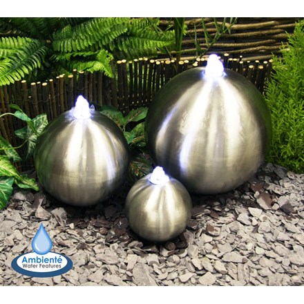 H30cm 3-Sphere Brushed Stainless Steel Water Feature w/ Lights | Indoor/Outdoor Use | Ambienté