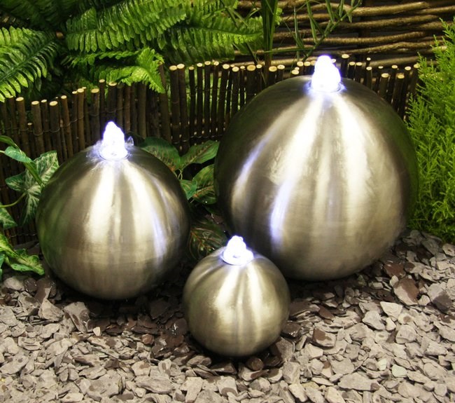 3-Sphere Brushed Stainless Steel Water Feature w/ Lights | Ambienté