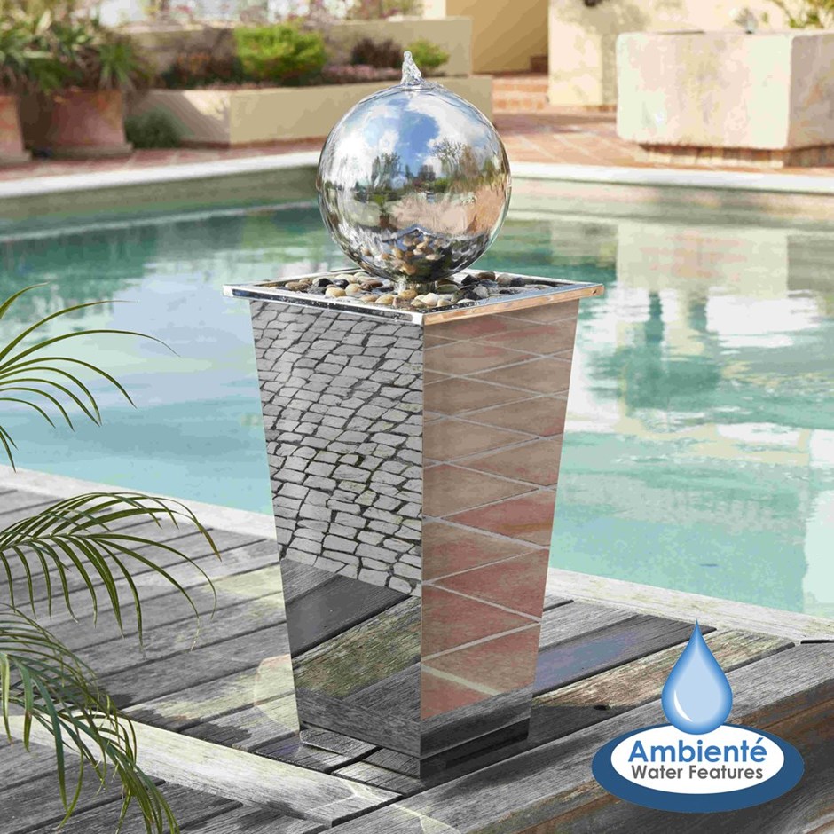 H83cm Hiro Sphere Stainless Steel Water Feature with Lights by Ambienté