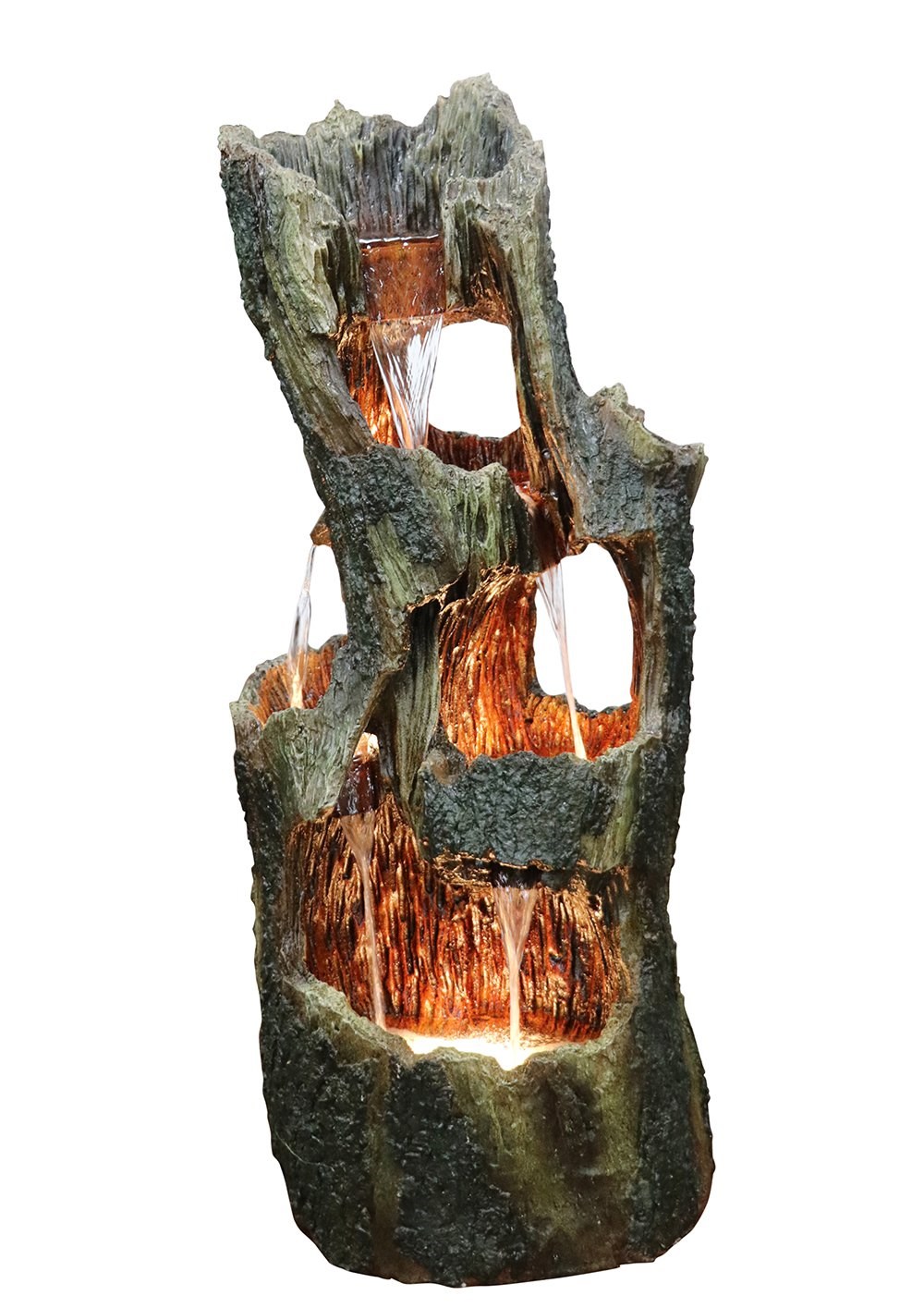 Open Tree Trunk 5-Tier Cascade Fountain Water Feature With LED Lights