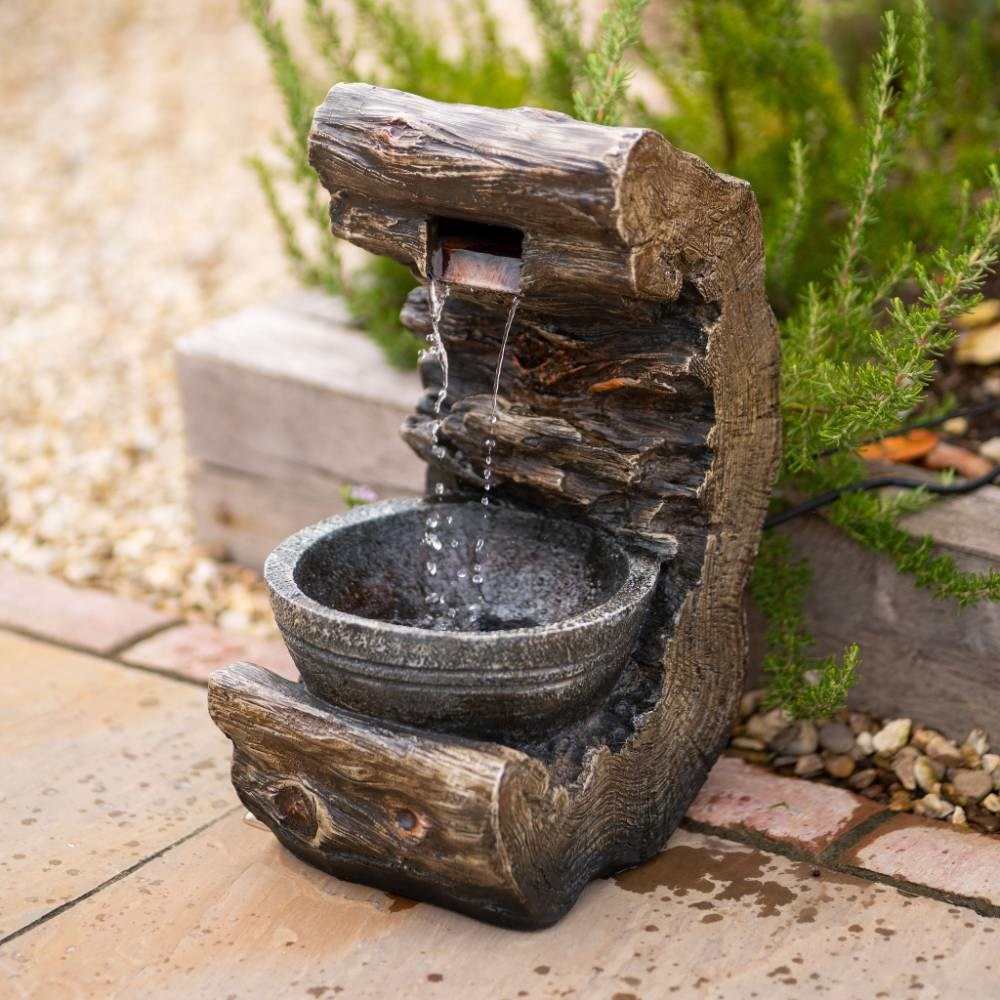 Wood Effect Pouring Bowl Cascading Water Feature With LED Lights