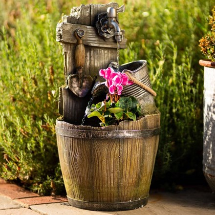 60cm Rustic Tap Bucket And Barrel Tiered Planter Water Feature w/ Lights | Ambienté