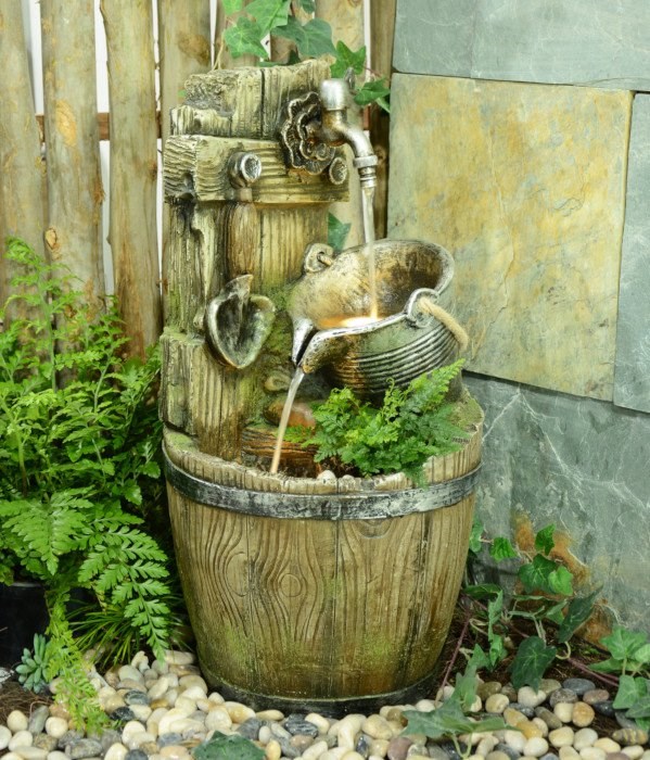 Rustic Tap Bucket And Barrel Tiered Planter Water Feature w/ Lights | Ambienté