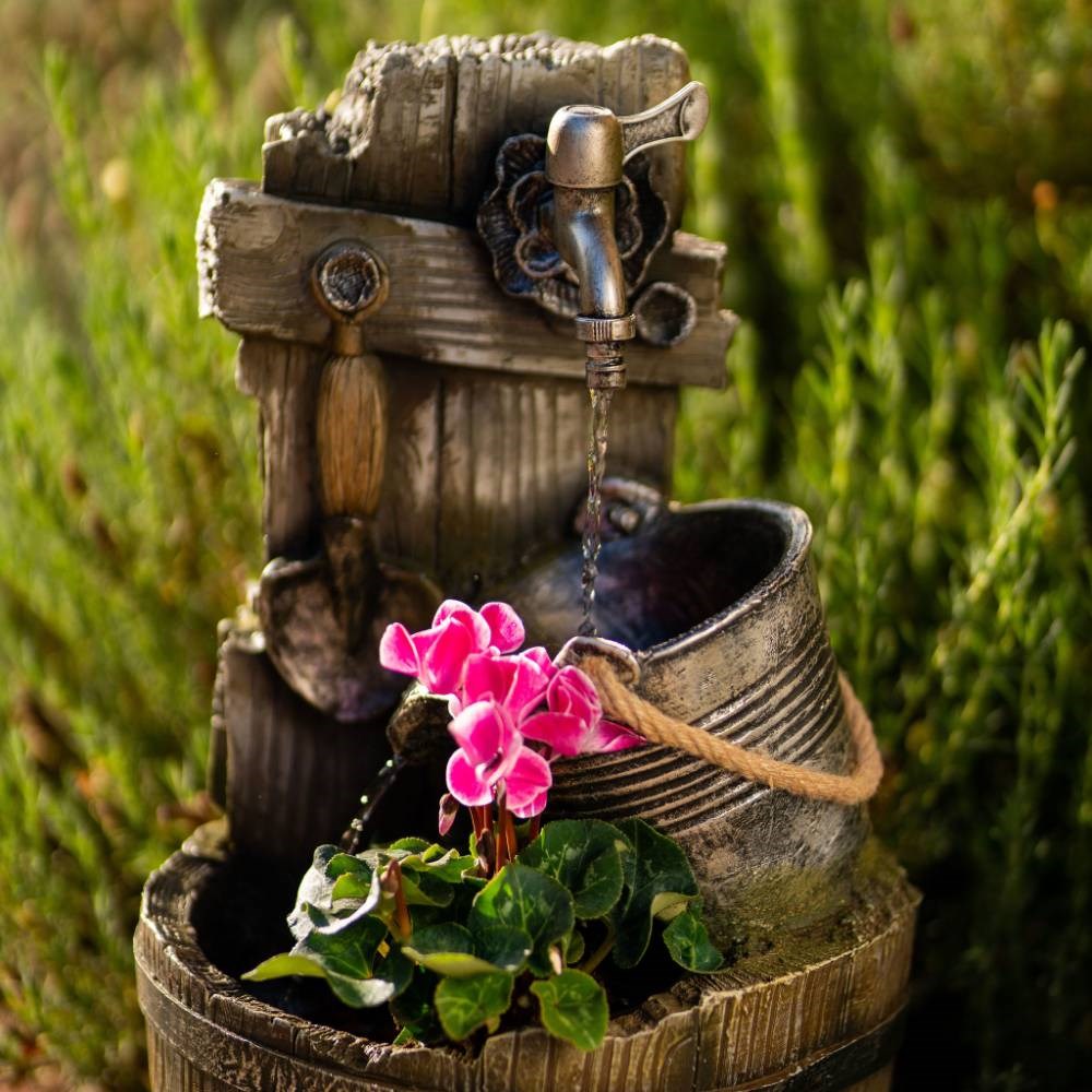 Rustic Tap Bucket And Barrel Tiered Planter Water Feature w/ Lights | Ambienté