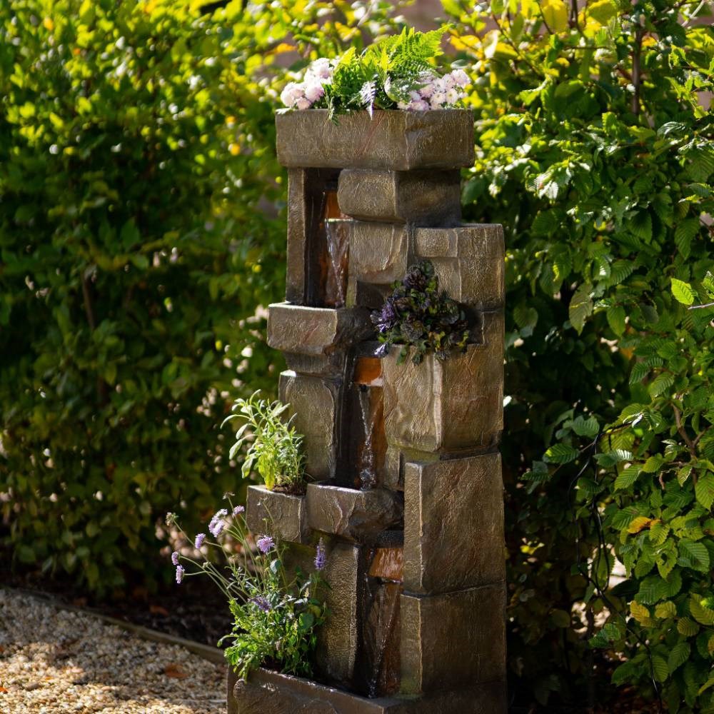Higgledy Stone Effect Wall Tiered Cascading Planter Water Feature w/ Lights