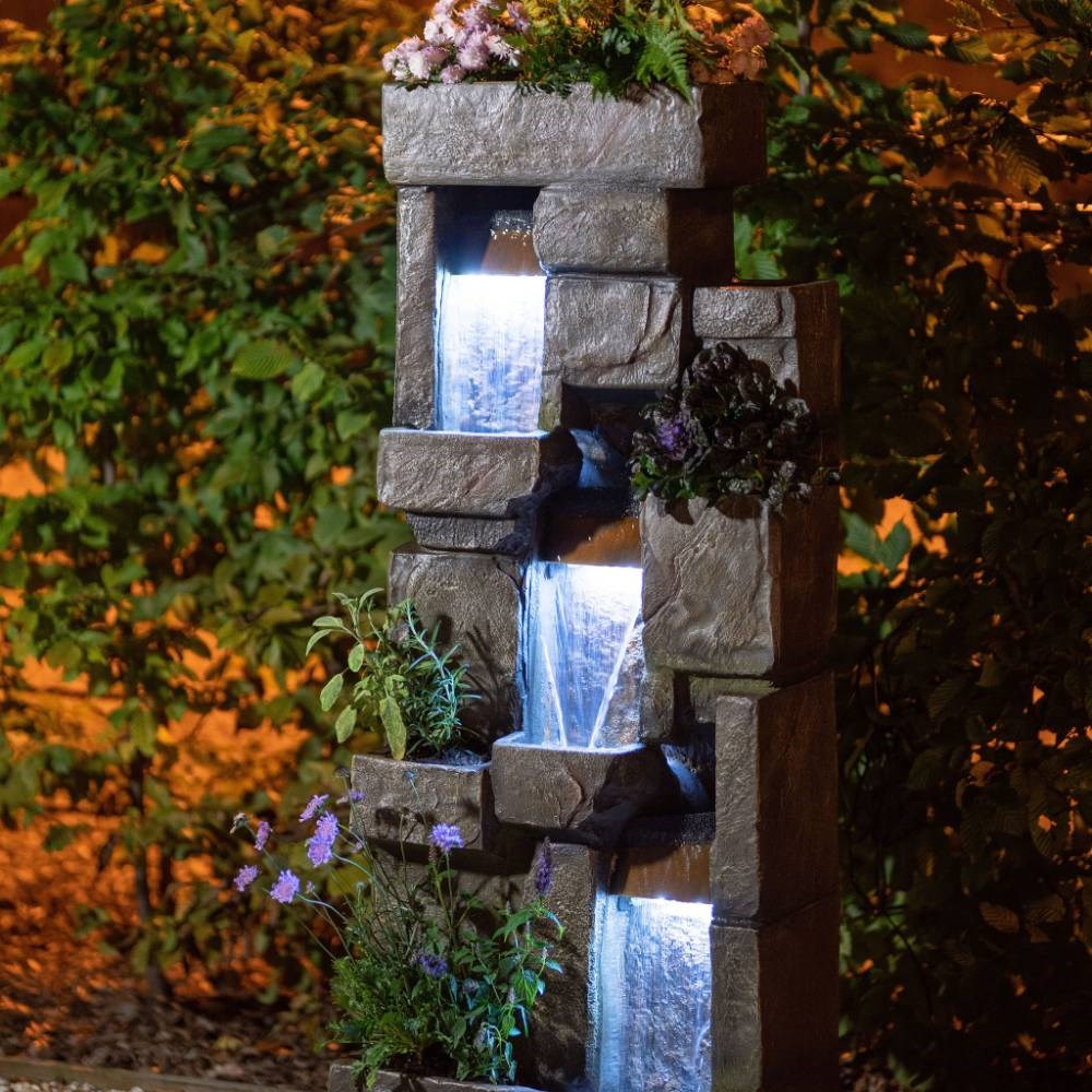 Higgledy Stone Effect Wall Tiered Cascading Planter Water Feature w/ Lights