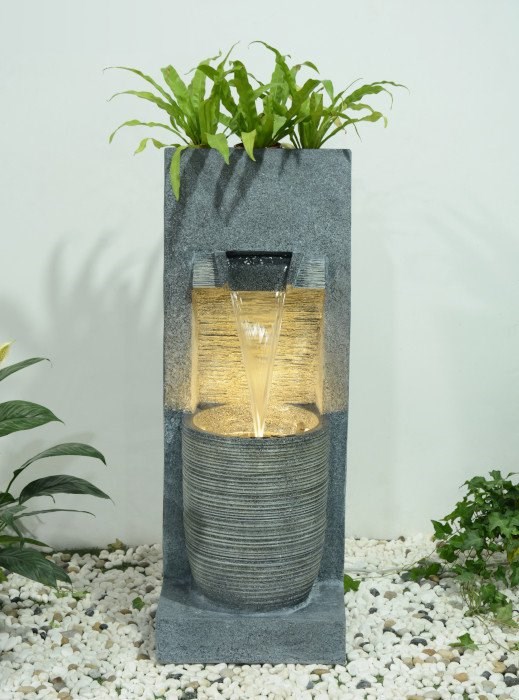 Stone Effect Ripple Wall & Bowl Cascading Planter Water Feature w/ Lights