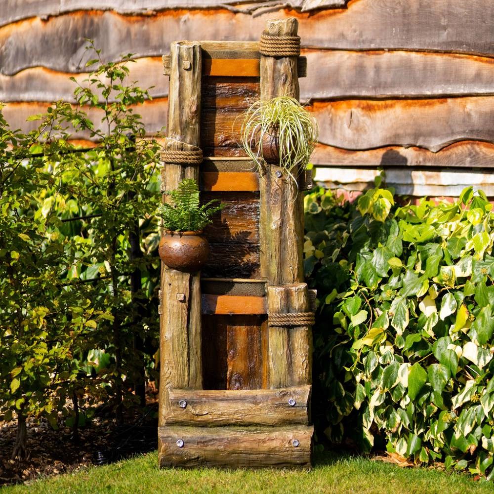 Log Wall Falls & Bowls Cascade Water Feature Planter With LED Lights