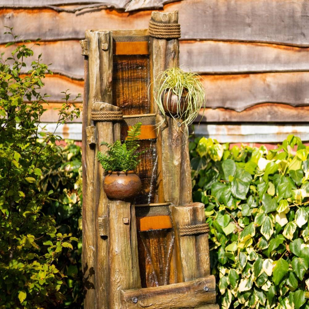 Log Wall Falls and Bowls Cascading Planter Water Feature w/ Lights | Ambienté