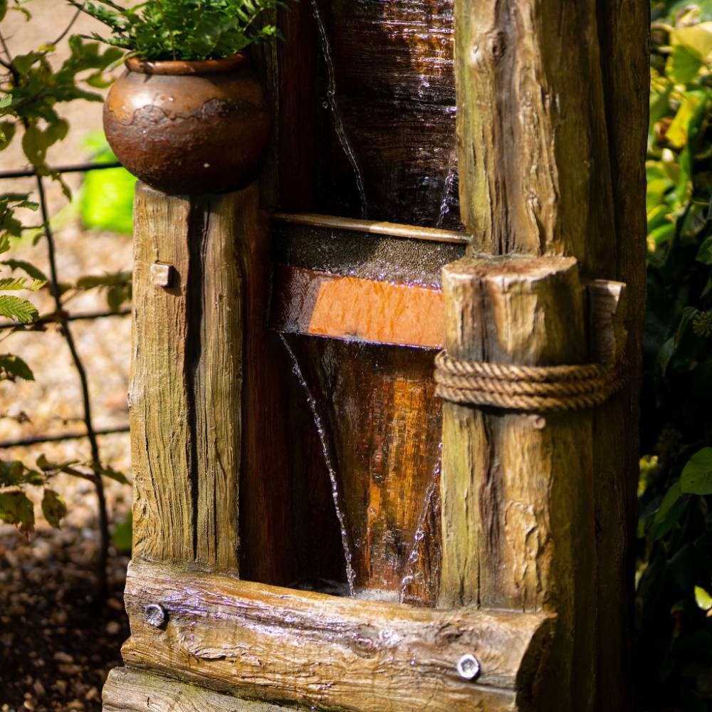 Log Wall Falls and Bowls Cascading Planter Water Feature w/ Lights | Ambienté