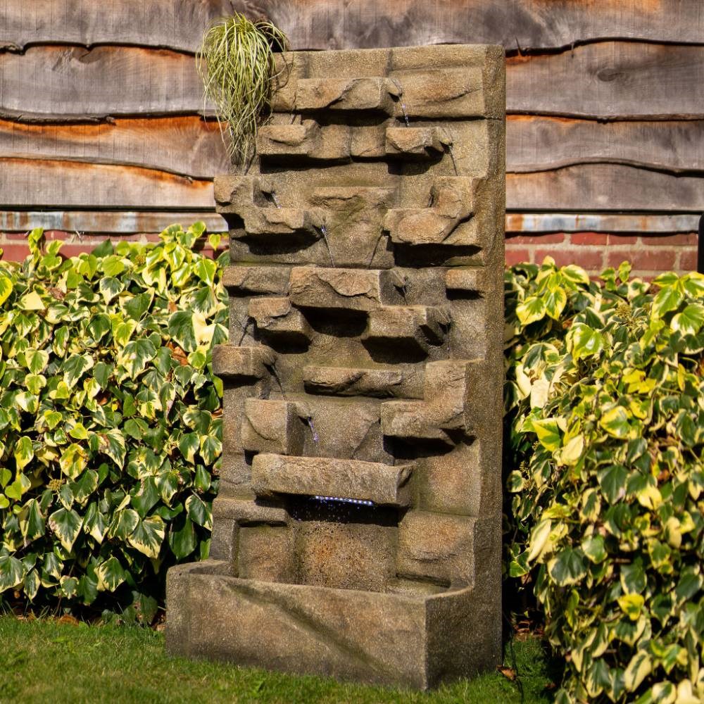 Stone Water Wall Tiered Cascading Planter Water Feature w/ Lights | Ambienté