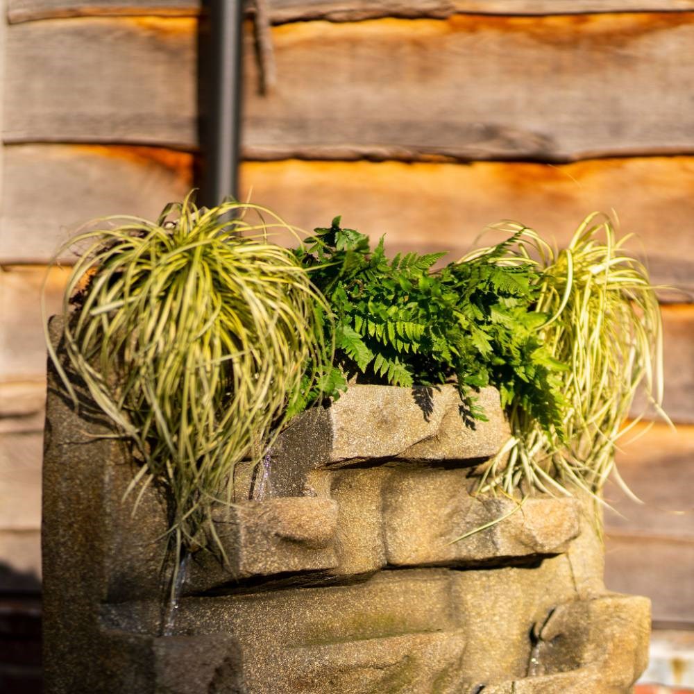 Stone Water Wall Tiered Cascading Planter Water Feature w/ Lights | Ambienté