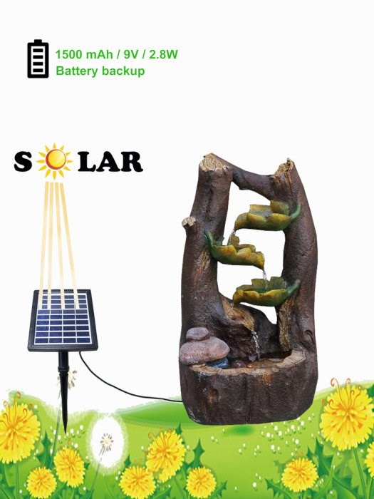 Solar Tiered Tree Leaf Cascading Water Feature w/ Battery Backup & Lights