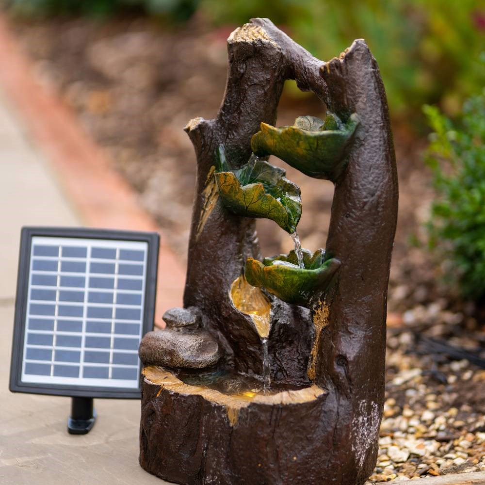 Solar Tiered Tree Leaf Cascading Water Feature w/ Battery Backup & Lights