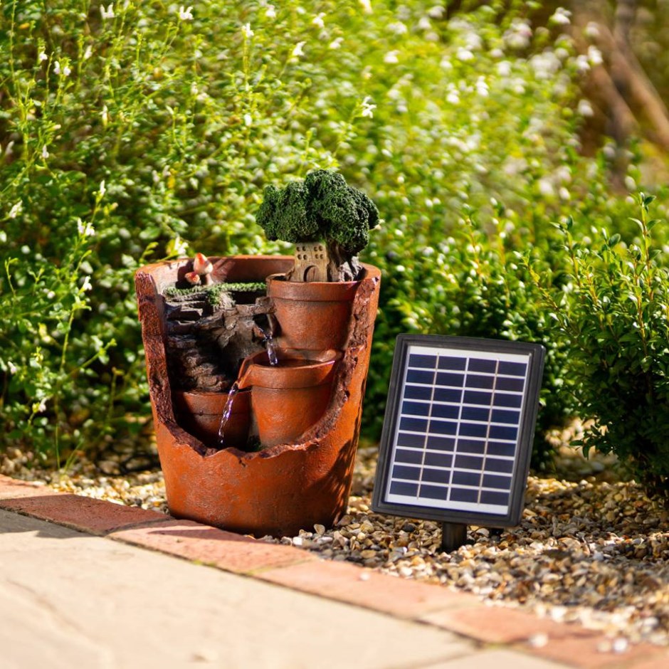 Solar Tiered Potted Falls Cascading Water Feature w/ Battery Backup & Lights
